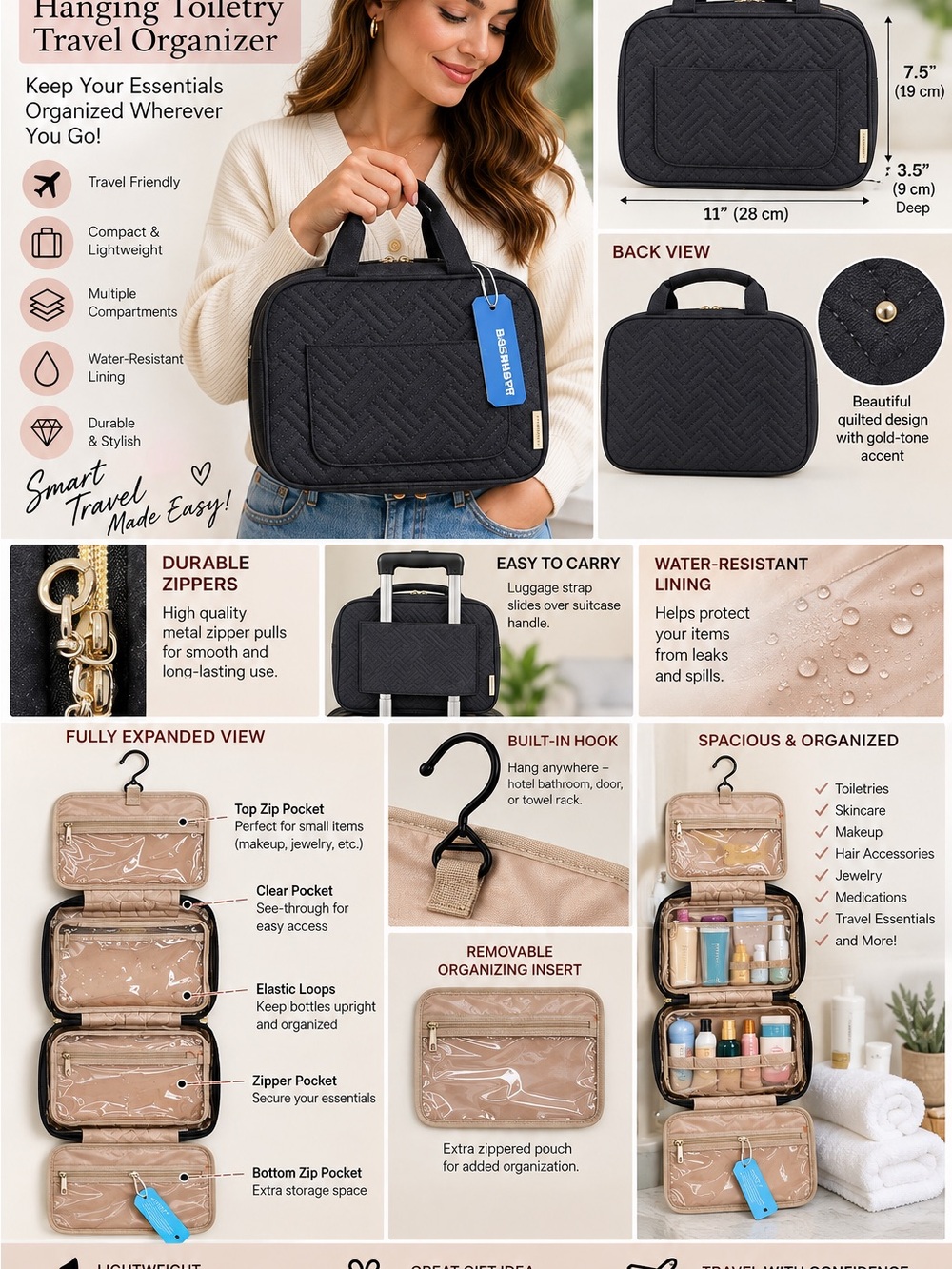 Travel Hanging Toiletry Organizer - Black